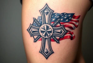 A steel-textured Maltese cross with the American flag waving in the background, symbolizing patriotism and heroism. tattoo idea