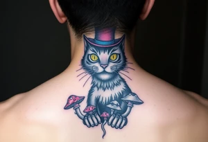 coloured cheshire cat, with top hat and mushrooms tattoo idea