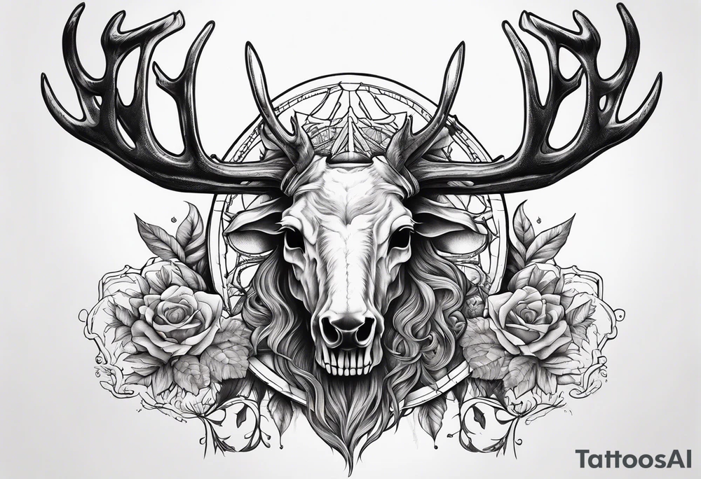 front view of Death riding on a reindeer skeleton tattoo idea