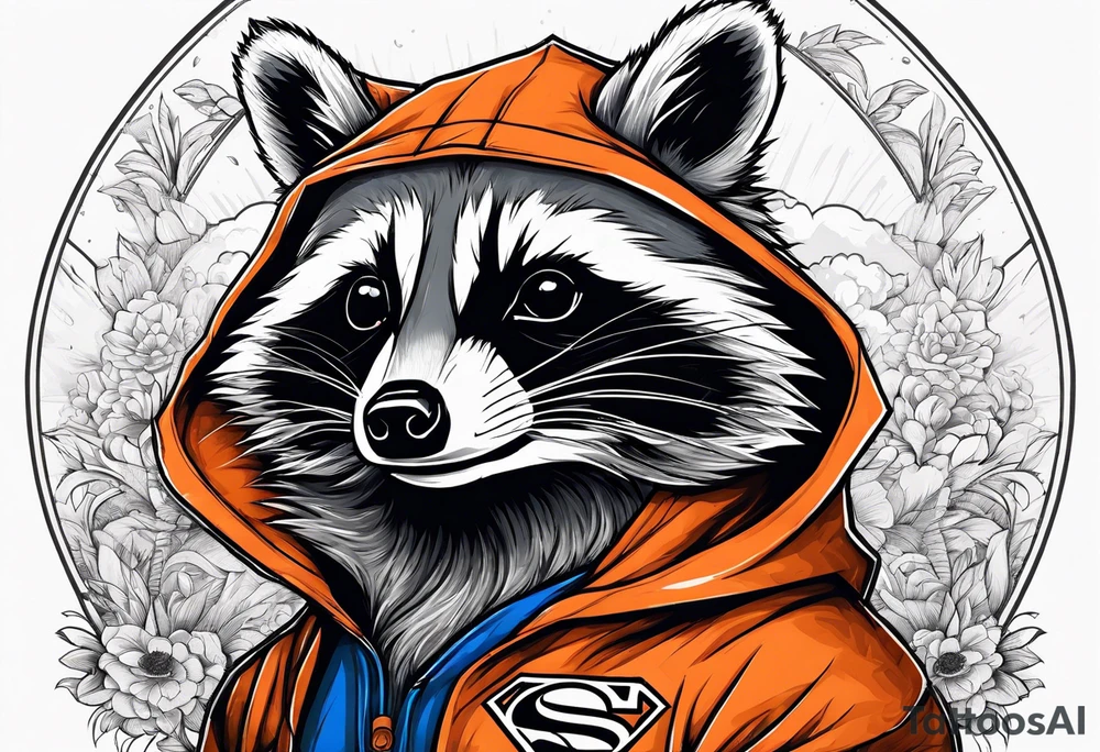 Raccoon wearing an orange Superman hoodie tattoo idea