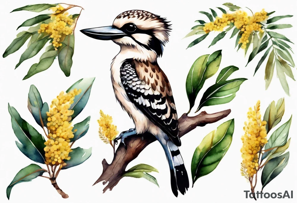 Small kookaburra sitting on wattle leaves tattoo idea