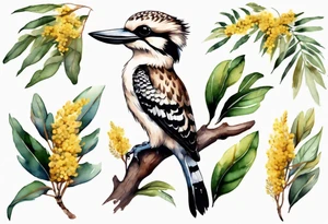 Small kookaburra sitting on wattle leaves tattoo idea