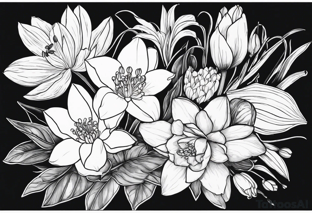 Water Lily, Lily of the Valley, Narcissus, and Gladiolus flower bouquet tattoo idea