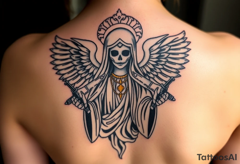 old angel statue (Santa Muerte style) criminal style tattooed and at the same time contemporary, weapons in hand, gangster-style gold necklaces tattoo idea
