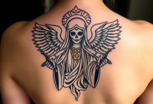 old angel statue (Santa Muerte style) criminal style tattooed and at the same time contemporary, weapons in hand, gangster-style gold necklaces tattoo idea
