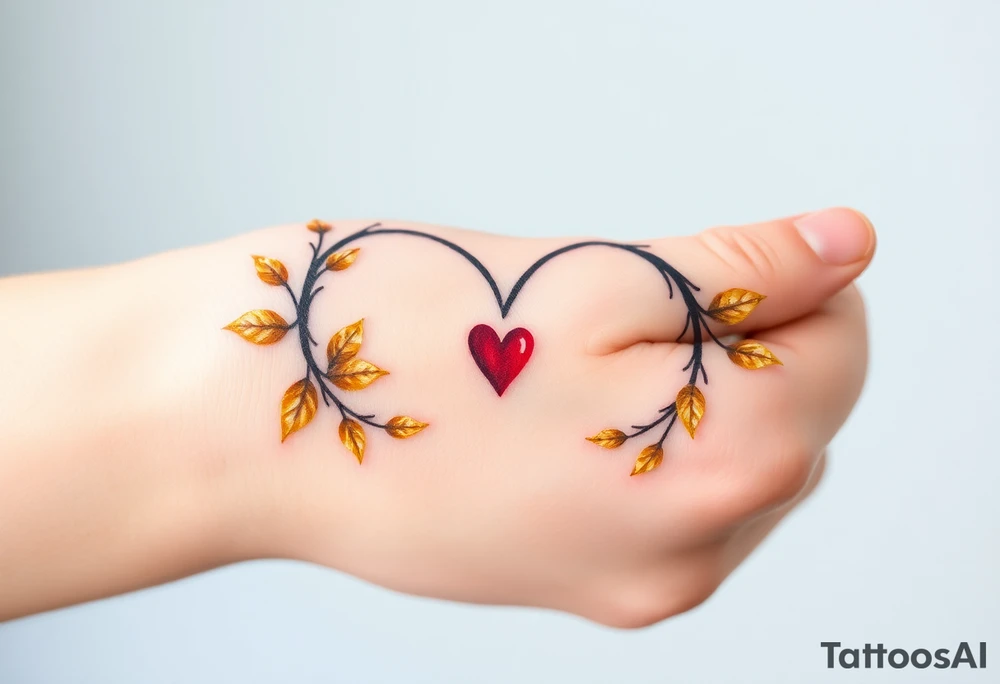 A infinity loop adorned with golden leaves and a tiny red heart tattoo idea