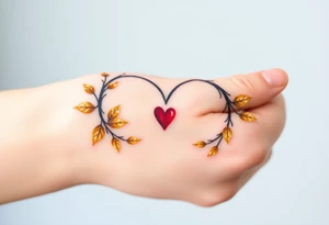 A infinity loop adorned with golden leaves and a tiny red heart tattoo idea