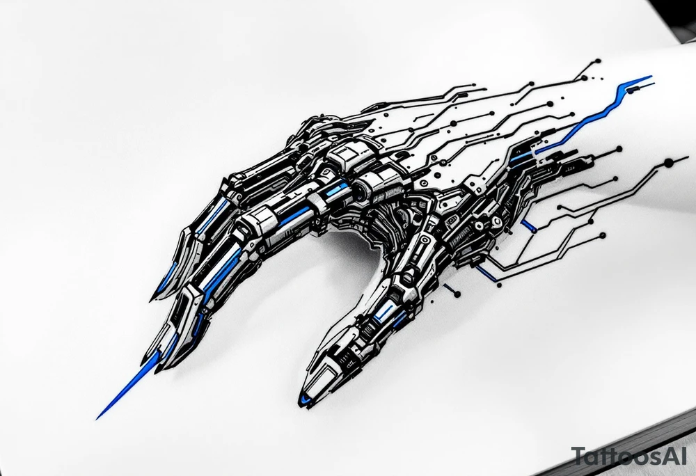 A futuristic biomechanical hand design with sapphire-blue lines tracing each finger like circuits. tattoo idea