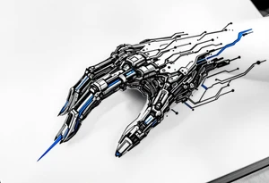 A futuristic biomechanical hand design with sapphire-blue lines tracing each finger like circuits. tattoo idea