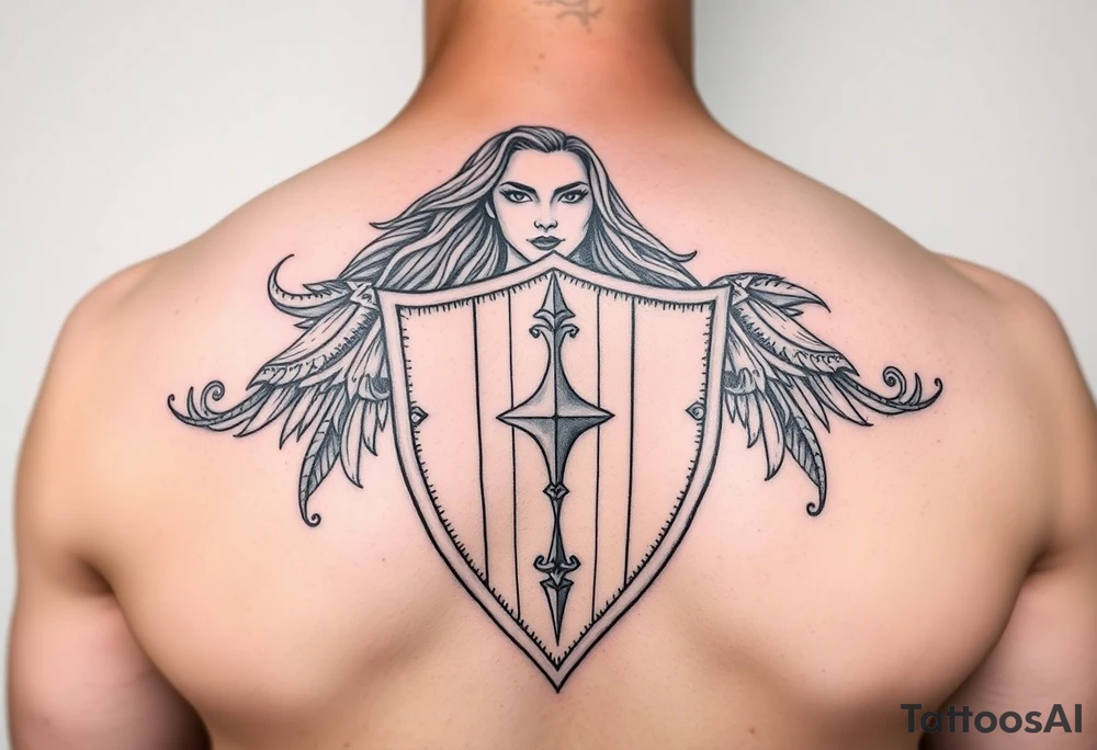 Shield maiden, black work, intricate lines, realistic tattoo idea