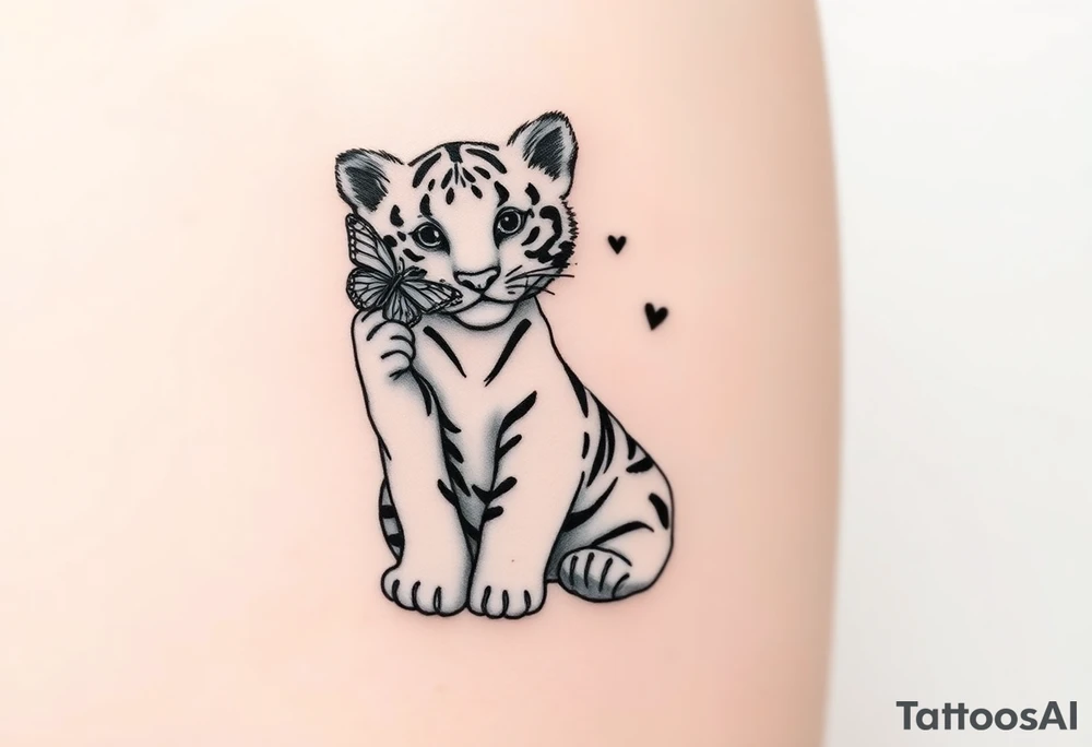 Tiger cub sitting down with paw up and on the paw is sitting a butterfly and there’s two butterflies on each side tattoo idea