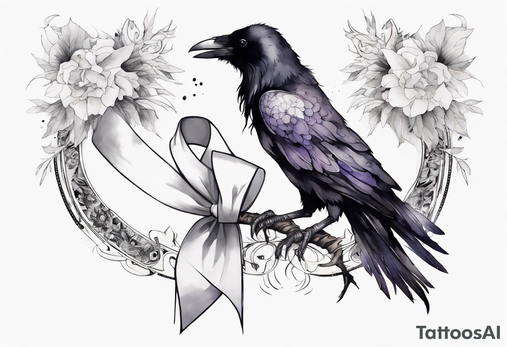 raven with a white ribbon tied around leg tattoo idea