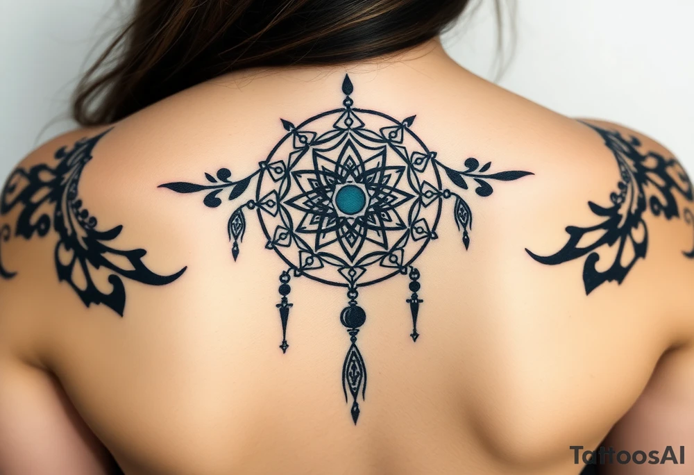 Dreamcatcher with zodiac symbols and protection runes caught in it with wolf teal tattoo idea