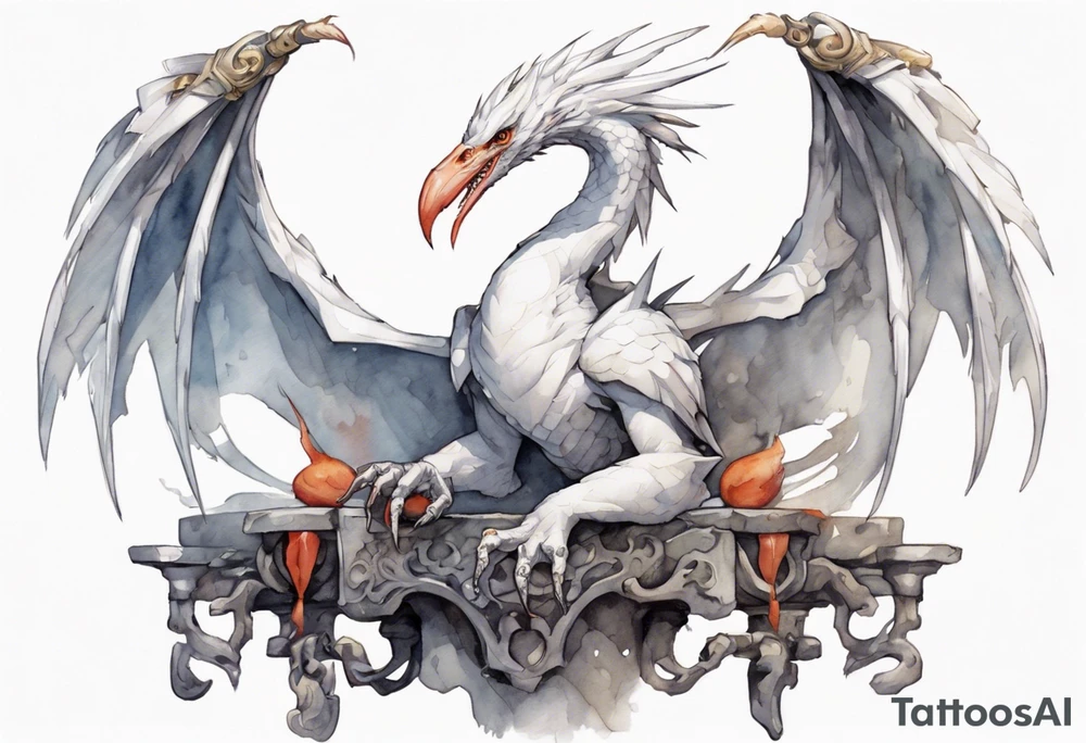 a white bird-wyvern hybrid wearing a plain iron bracelet around leg, perched on a stone throne tattoo idea