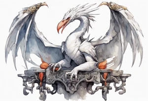 a white bird-wyvern hybrid wearing a plain iron bracelet around leg, perched on a stone throne tattoo idea