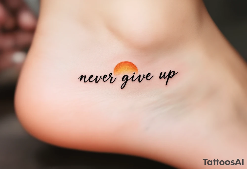A minimalist black serif "never give up" beneath a small sunrise in warm orange and yellow tones. tattoo idea