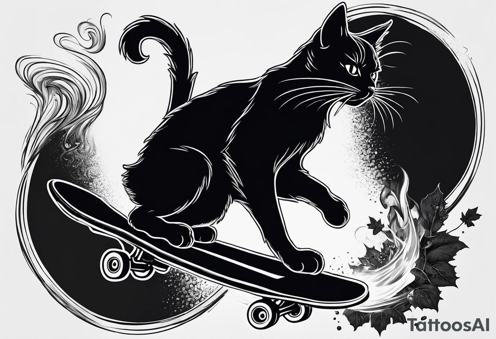 A black cat doing a kickflip on a Skateboard while smoking a joint. tattoo idea