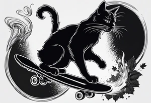 A black cat doing a kickflip on a Skateboard while smoking a joint. tattoo idea