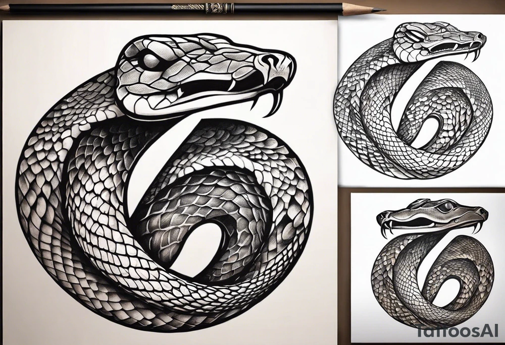 Create a detailed sketch of a snake tattoo. The design should feature a coiled snake with intricate scales and a dynamic, flowing pose. Emphasize the snake's head with a slightly menacing expression, its forked tongue flicking out. Include subtle shading to highlight the texture of the scales and give the design a sense of depth. The overall style should be clean and bold, suitable for a tattoo, with a focus on both artistic and anatomical accuracy. Consider incorporating elements like floral or geometric patterns in the background to complement the snake tattoo idea
