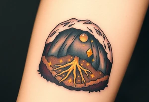 A mole tunneling underground, depicted in a cross-section with dark brown soil, golden roots, and hidden gems sparkling in the earth tattoo idea