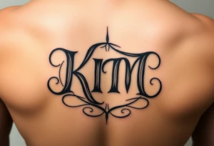letters only fancy but rugged twisted and intertwined circular arched curvy lettering (KM -KeezY MadE) almost like the the roca wear symbol clothing brand trademark RW but with KM tattoo idea