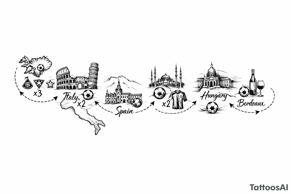 A football journey no crests stars each country on how many times ive played there
A fine-line world map or stylized route connecting Iceland ➔ Italy ➔ Spain ➔ Turkey ➔ Hungary ➔ France, with minimalist markers for each club.
Iceland x3 (sindri, ibv, stjarnan)
Italy x2 (Verona, Sassuolo)
Spain (Logrono)
Turkey x2 (Fenerbahce, Besiktas)
Hungary (Fradi)
France (Bordeaux) tattoo idea