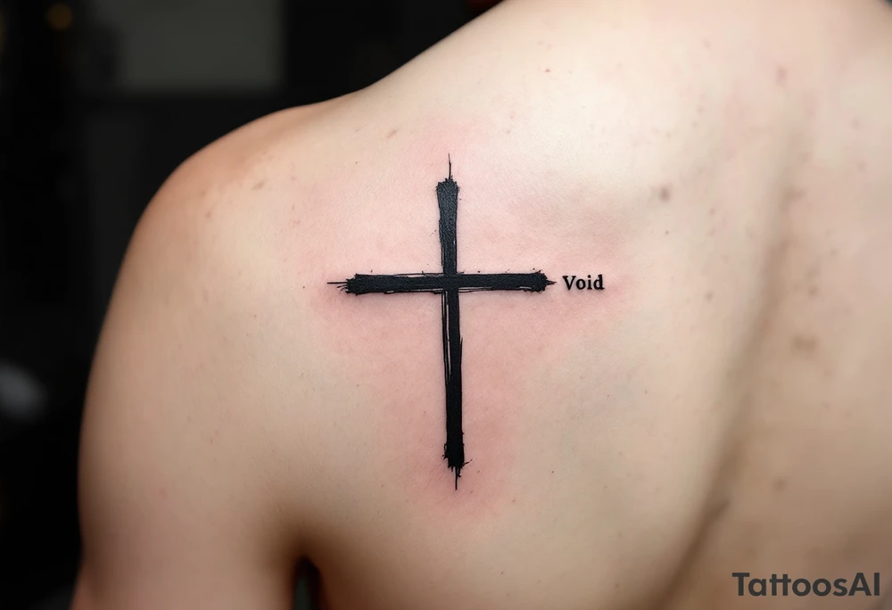 A deep black cross under a man’s eye, in simple linework, next to the word "Void" on the other side in minimal, spaced-out letters. tattoo idea