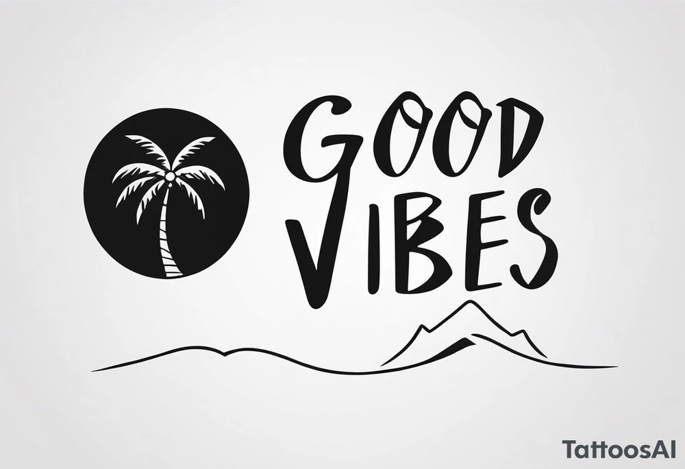 a minimalist tattoo of a sun and a palm tree with the words good vibes in it tattoo idea