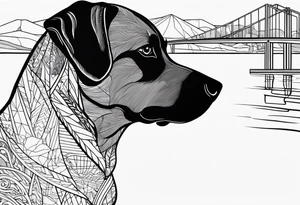 Dog head shape outline with  river amd bridge view tattoo idea