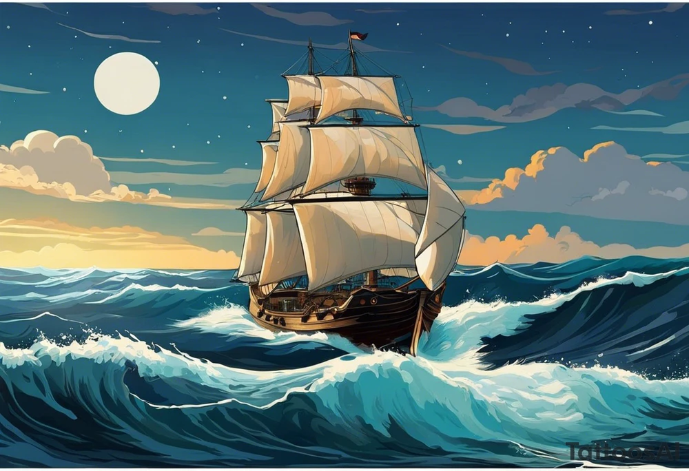 Quiero en todo el brazo derecho lo siguiente:

Será un constrante de mar caótico y tranquilo

En la parte del hombro a poseidon con unas olas de mar caotico y un barco con problemas por las olas

En la parte del antebrazo un buceador con una ballena o tiburon en un arrecife de coral, en un mar muy tranquilo tattoo idea