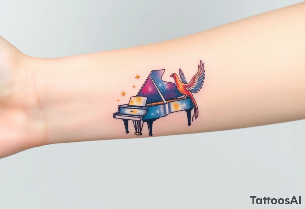 grand piano under stars and pheonix tattoo idea