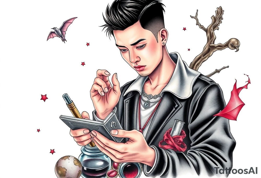 Handsome Asian young adult guy is  accidentally stumbled upon witch tools, supplies, artifacts, potions and exploring it curiously tattoo idea