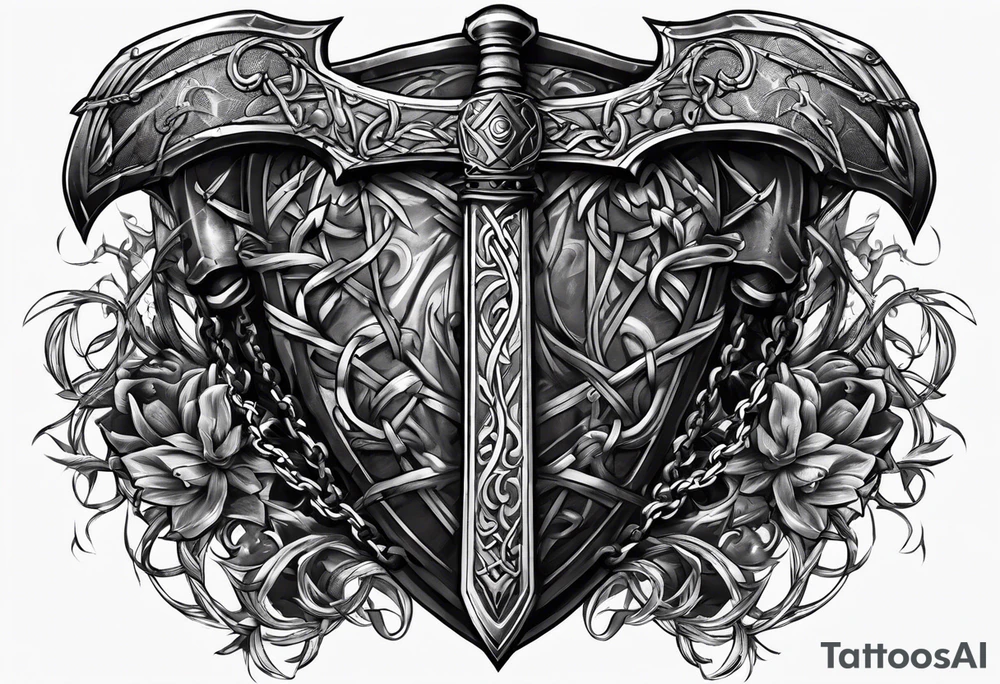 Valhalla sword shield axe barbed wire chain tattoo idea