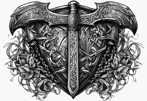 Valhalla sword shield axe barbed wire chain tattoo idea