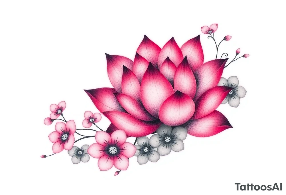 Lotus flower surrounded by forget me nots and peonies tattoo idea