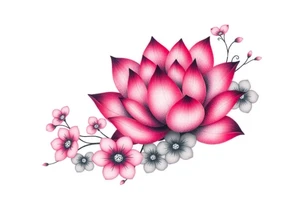 Lotus flower surrounded by forget me nots and peonies tattoo idea
