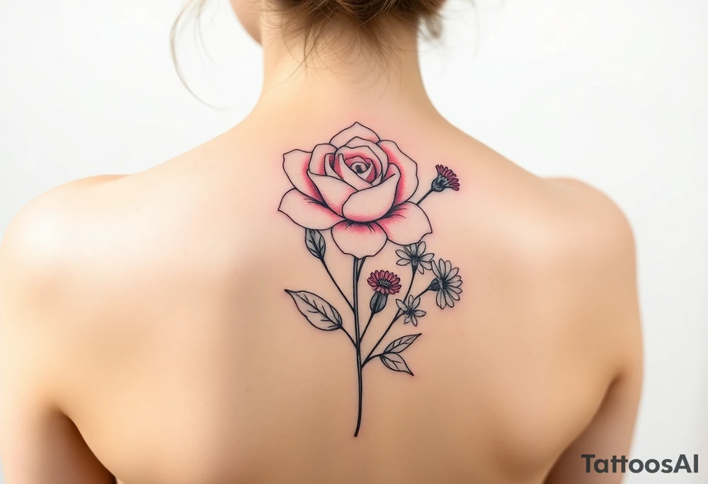 Rose, carnation, lily, aster, larksper tattoo idea