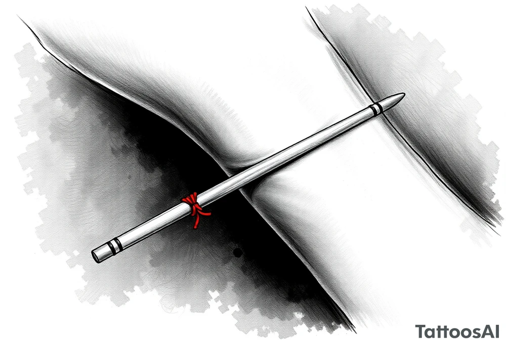 chinese chopsticks with a red thread by the end of it,
about 5cm long , 1 cm wide
it goes into the anterior part of the left wrist tattoo idea