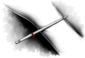 chinese chopsticks with a red thread by the end of it,
about 5cm long , 1 cm wide
it goes into the anterior part of the left wrist tattoo idea