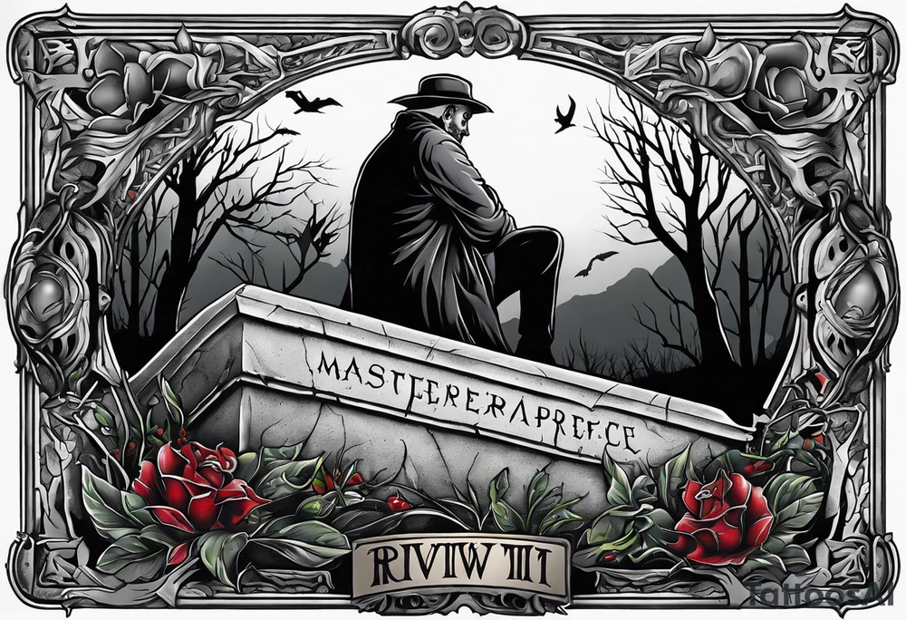 Man crawling out of grave. 
MIW Reincarnate written on gravestone tattoo idea