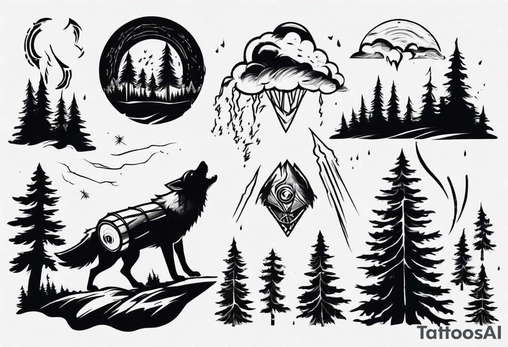 thunderstorm over a forest with a wolf howling on drums tattoo idea thunderstorm over a forest with a wolf howling on drums tattoo idea
