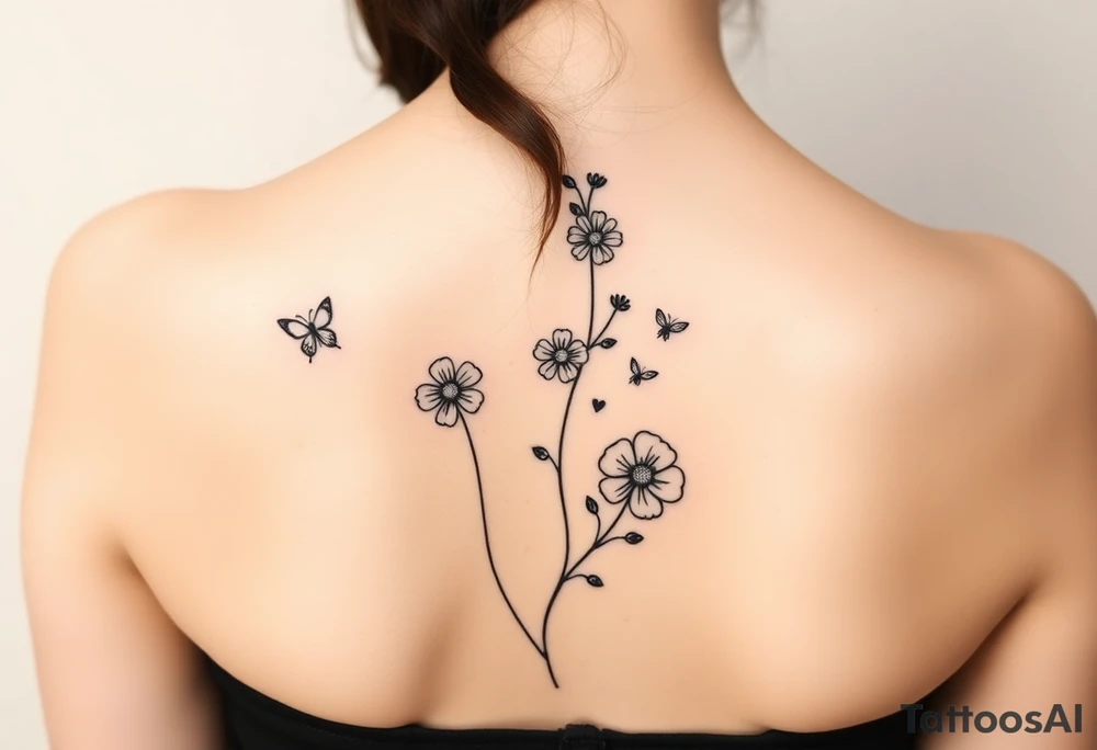 4 flowers vertical with small butterflies and swirls tattoo idea