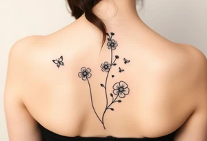 4 flowers vertical with small butterflies and swirls tattoo idea