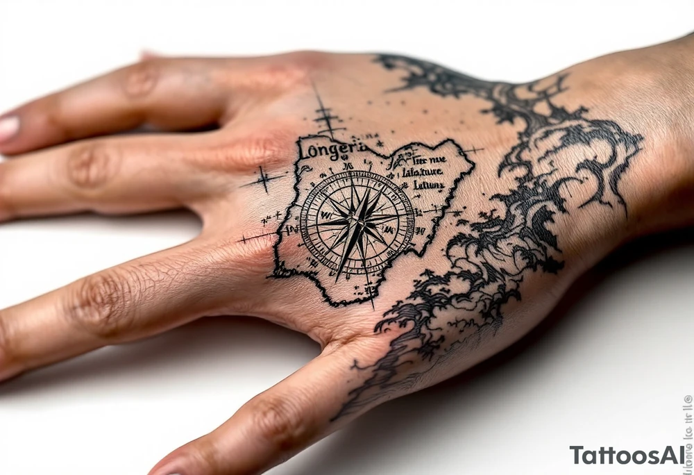 Compass on the back of the palm in the shape of Nigeria with longitude written on the top and latitude written on the bottom. Draw lines from a treasure map connecting from the arm to the tattoo and water waves around the tattoo tattoo idea