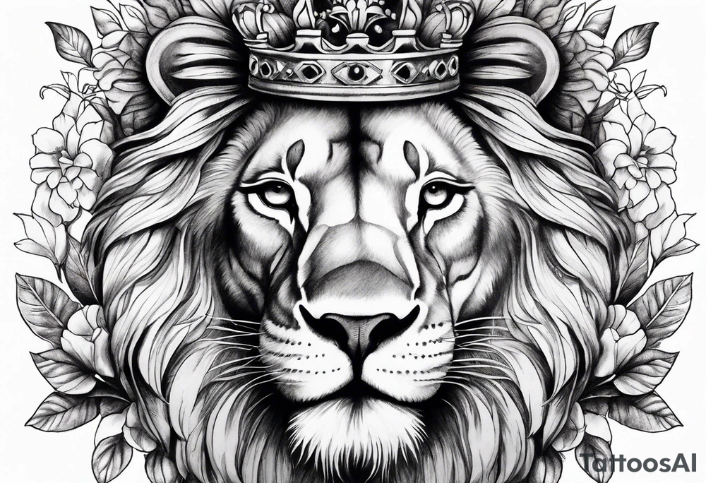 Lion flowers crown cross tattoo idea