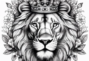 Lion flowers crown cross tattoo idea