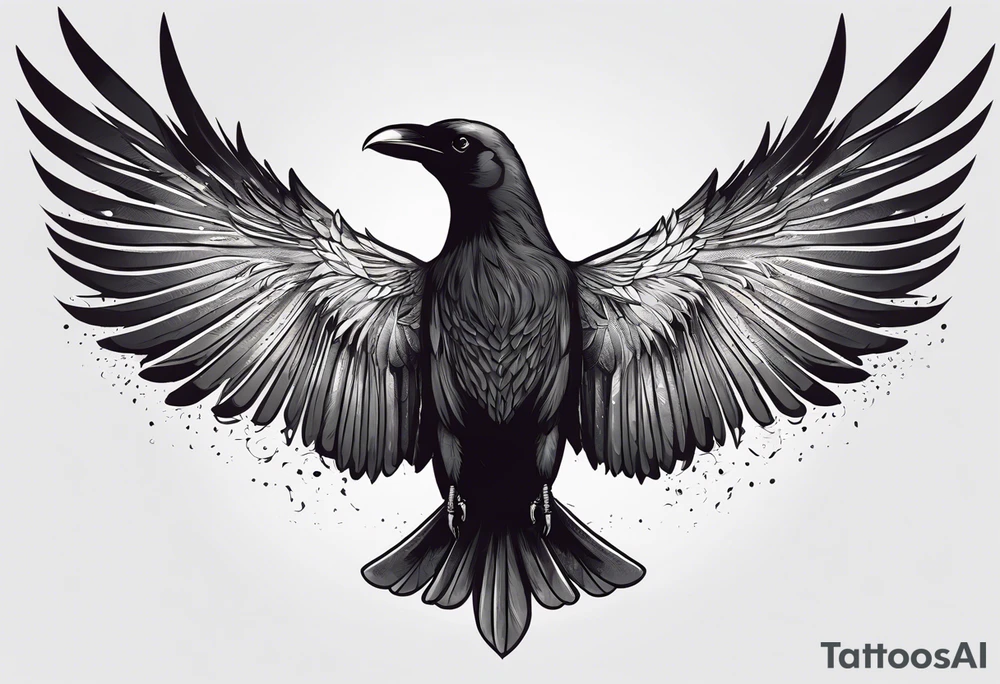 araffe flying in the air with its wings spread, detailed crow illustration, raven wings, huginn and muninn flying above, dark feathered wings, artistic drawing of a crow, black crows flying, raven bird, black wings instead of arms, raven angel wings, crow, dark crow, raven, crows as a symbol of death, raven black, raven monster tattoo idea