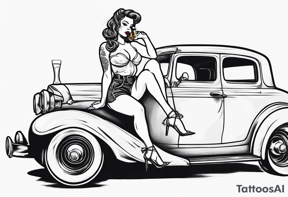 pinup doll sitting on the hood of a classic vintage car drinking a beer tattoo idea
