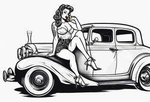 pinup doll sitting on the hood of a classic vintage car drinking a beer tattoo idea