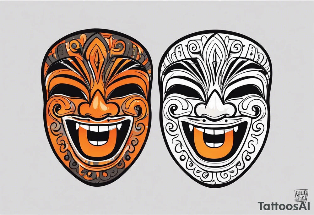 Laughing Mexican mask that is orange and black simplistic tattoo idea